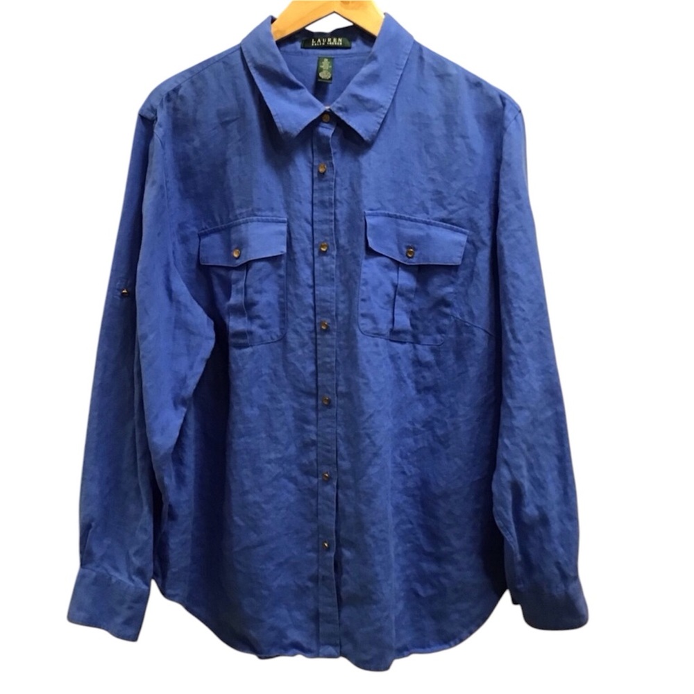 Ralph Lauren Long Sleeve Linen Shirt Button Down Blue Convertible Sleeve 2X